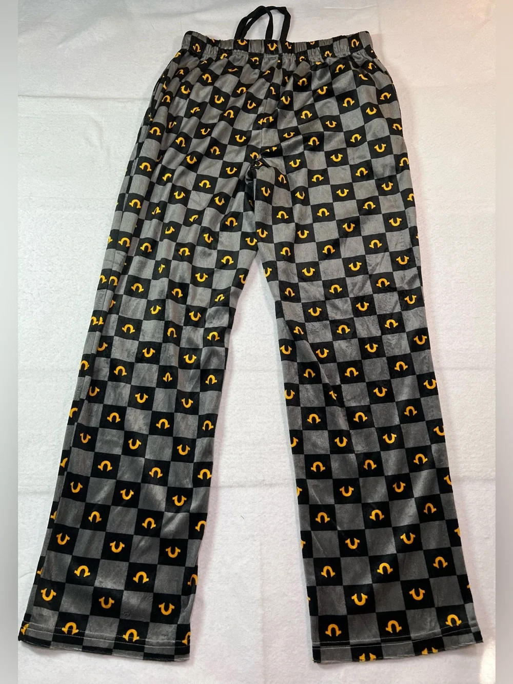 True Religion Men's Checkered Yellow Horseshoe Pajama Pants,Black/Gray, Small